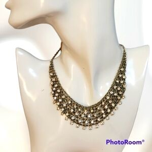 Goldtone Chainmaille Rhinestone Bauble Bib Chain Festival Necklace
